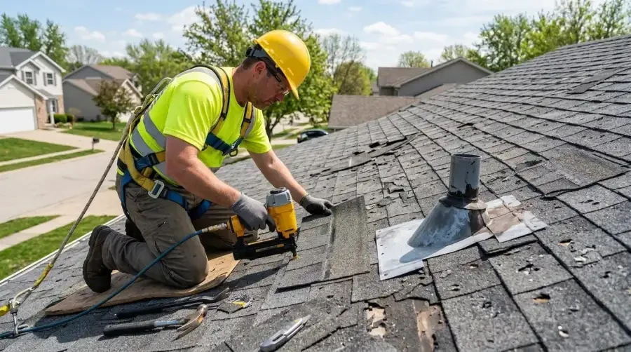 Roofer repairing storm-damaged shingles on a Lemont IL home