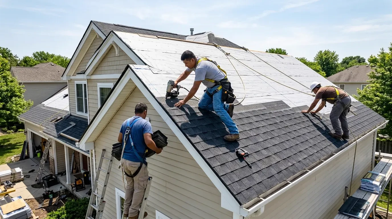 Roof replacement in progress on a Lemont IL home